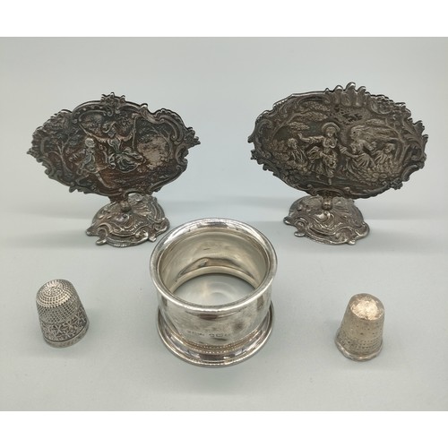 31 - A Pair of French silver ornate Victorian scene card holders, Birmingham silver napkin ring and two s... 