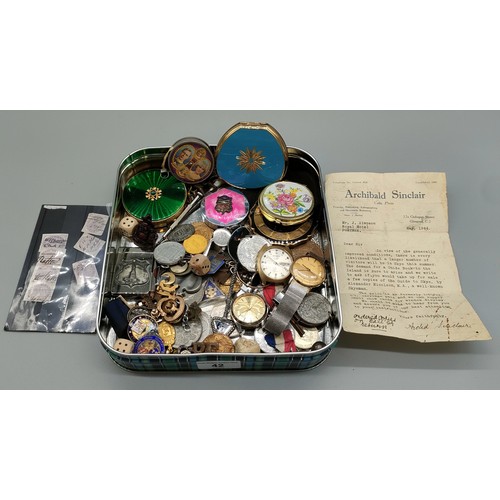 42 - Tin of collectables; Sekonda Automatic 27 jewels watch, Orientex 5 17 jewels watch, Stratton Compact... 