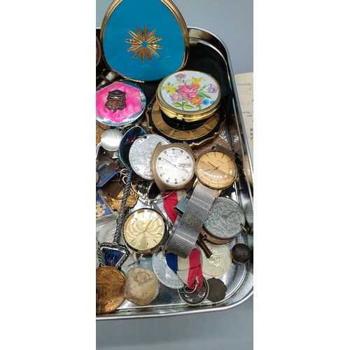 42 - Tin of collectables; Sekonda Automatic 27 jewels watch, Orientex 5 17 jewels watch, Stratton Compact... 