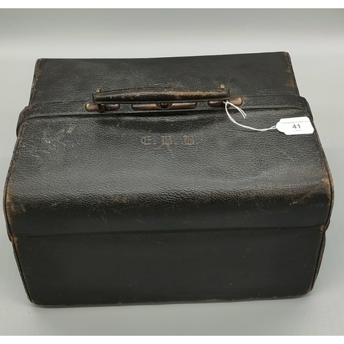 41 - 19th century leather travel bag and contents; Produced by Finnigan- Maker- Manchester. Interior has ... 