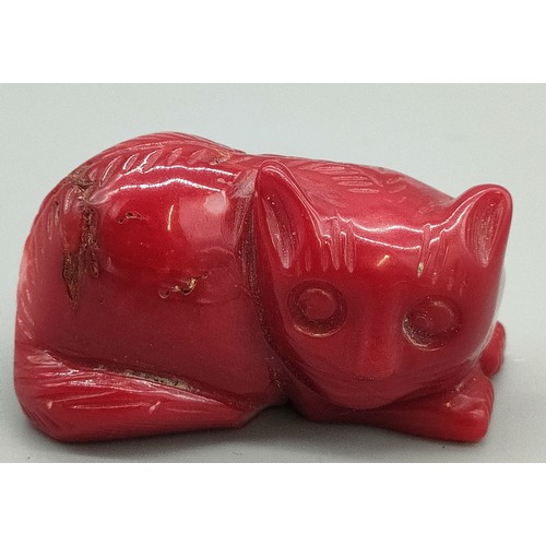 46 - Antique Chinese Red Coral hand carved cat figure. [3.8cm length]