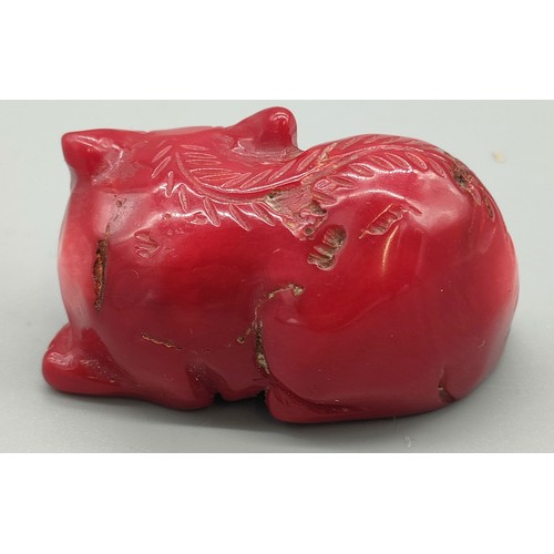 46 - Antique Chinese Red Coral hand carved cat figure. [3.8cm length]