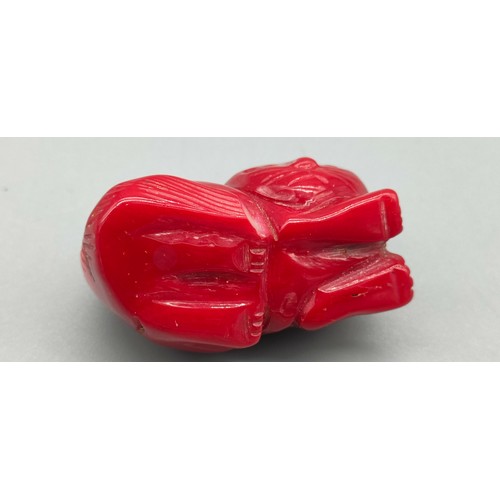 46 - Antique Chinese Red Coral hand carved cat figure. [3.8cm length]