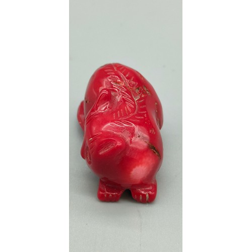 46 - Antique Chinese Red Coral hand carved cat figure. [3.8cm length]