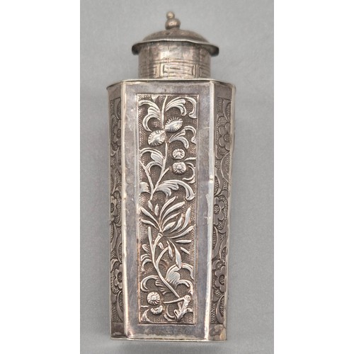 38 - Chinese silver powder pot for dusting over ink. Stamped to base. Raised relief design to each panel.... 