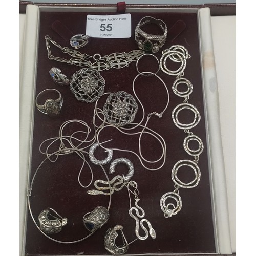 55 - Selection of silver jewellery; Silver 925 double snake head ring, Two Birmingham silver buttons, Hea... 