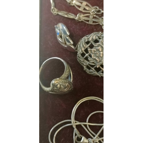 55 - Selection of silver jewellery; Silver 925 double snake head ring, Two Birmingham silver buttons, Hea... 