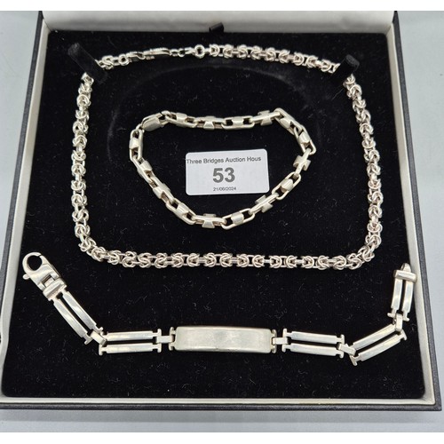 53 - Three chunky items of silver jewellery; Unusual linked 925 silver necklace, bracelet and I.D Bracele... 