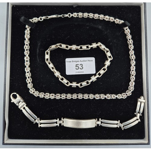 53 - Three chunky items of silver jewellery; Unusual linked 925 silver necklace, bracelet and I.D Bracele... 