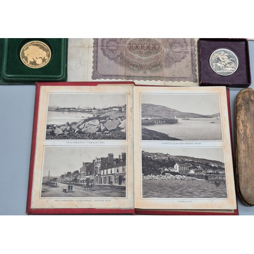 60 - Various collectables; Antique spectacle holder, Souvenir of the Firth of Clyde fold out picture book... 