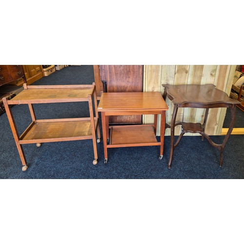 504 - 1900s two tier window table together with two vintage tea trolleys