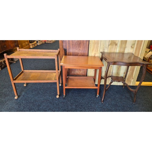 504 - 1900s two tier window table together with two vintage tea trolleys