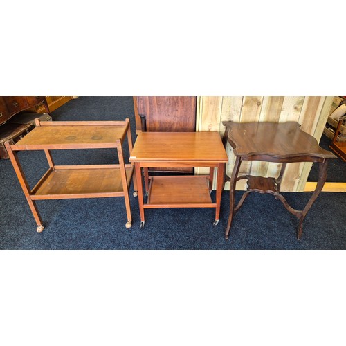 504 - 1900s two tier window table together with two vintage tea trolleys