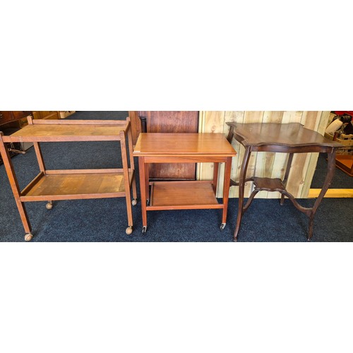 504 - 1900s two tier window table together with two vintage tea trolleys