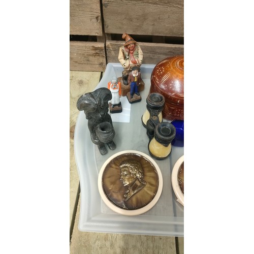 A tray of collectables; incense maya clay figure burner, antique pewter ...