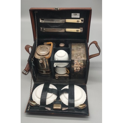129 - C.1910 Veteran-era leather cased two-person picnic set, by A Barrett & sons Piccadilly, Initials eng...