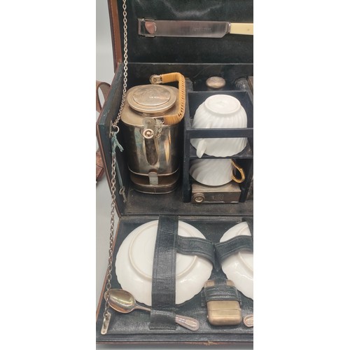 129 - C.1910 Veteran-era leather cased two-person picnic set, by A Barrett & sons Piccadilly, Initials eng... 