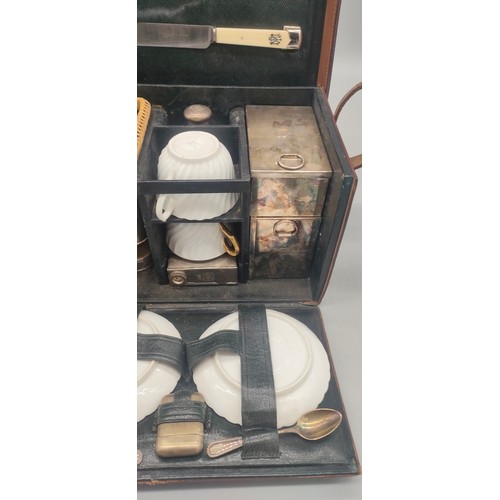 129 - C.1910 Veteran-era leather cased two-person picnic set, by A Barrett & sons Piccadilly, Initials eng... 