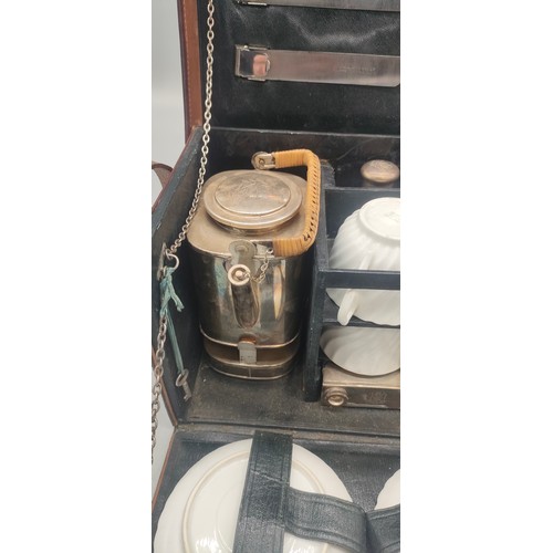 129 - C.1910 Veteran-era leather cased two-person picnic set, by A Barrett & sons Piccadilly, Initials eng... 
