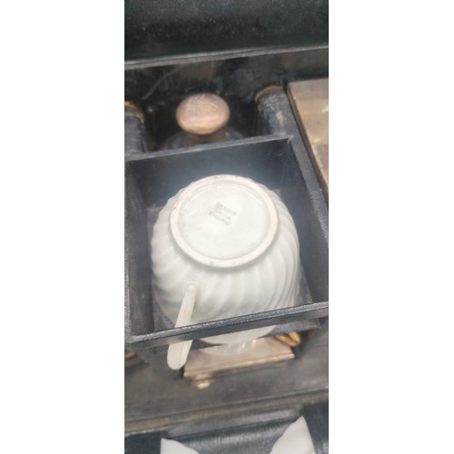 129 - C.1910 Veteran-era leather cased two-person picnic set, by A Barrett & sons Piccadilly, Initials eng... 