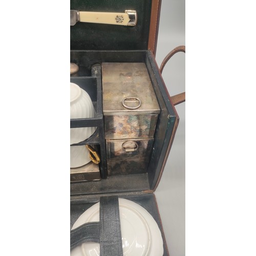 129 - C.1910 Veteran-era leather cased two-person picnic set, by A Barrett & sons Piccadilly, Initials eng... 