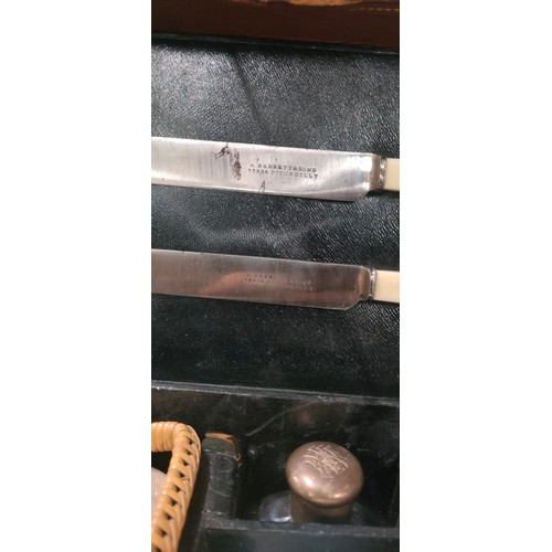 129 - C.1910 Veteran-era leather cased two-person picnic set, by A Barrett & sons Piccadilly, Initials eng... 