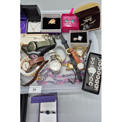 99 - Tray of jewellery & watches; cuff links, watches, necklaces and pendants.