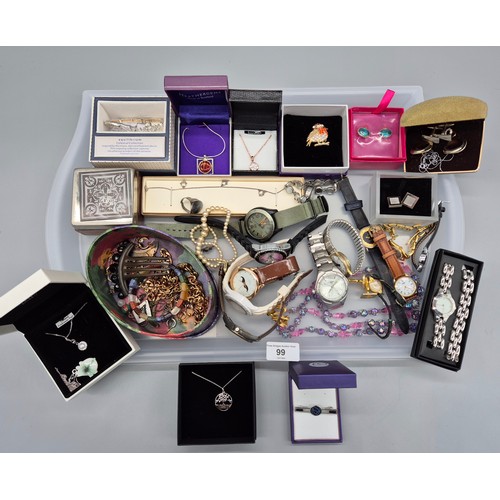 99 - Tray of jewellery & watches; cuff links, watches, necklaces and pendants.