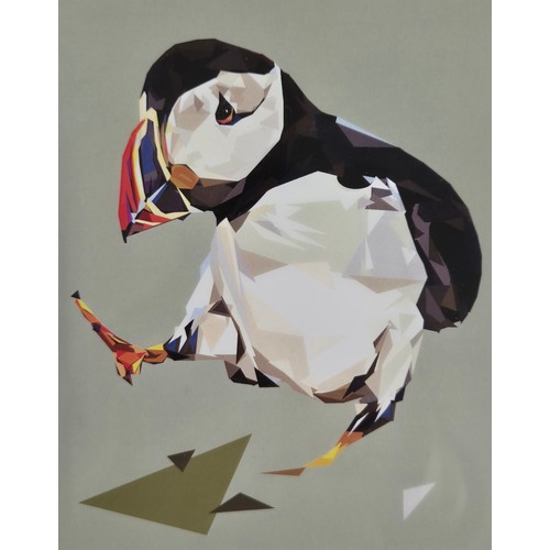 131 - A Selection of Puffin artworks; Harris Tweed tapestry puffin, Abstract print of a puffin, Limited ed... 