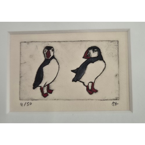 131 - A Selection of Puffin artworks; Harris Tweed tapestry puffin, Abstract print of a puffin, Limited ed... 