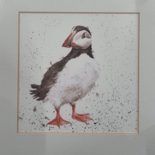 144 - Four various artworks within contemporary frames; three prints in matching frames- Robin, puffin and... 