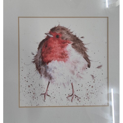 144 - Four various artworks within contemporary frames; three prints in matching frames- Robin, puffin and... 