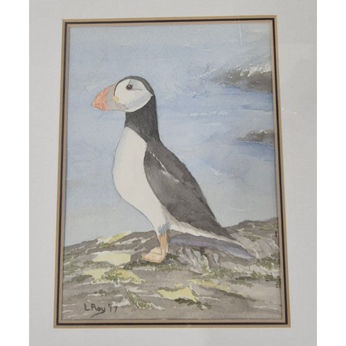 144 - Four various artworks within contemporary frames; three prints in matching frames- Robin, puffin and... 