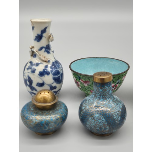 129 - Selection of Antique Chinese items; small blue and white raised relief dragon vase, Cloisonne pepper... 