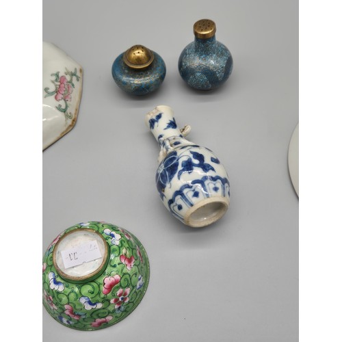 129 - Selection of Antique Chinese items; small blue and white raised relief dragon vase, Cloisonne pepper... 