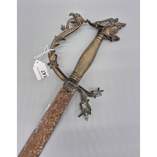 147 - Turkish made wall display sword- fitted with a dragon handle. [89cm length]