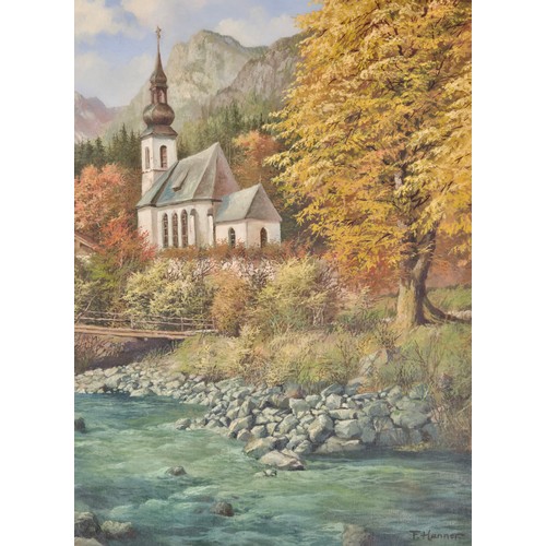 181 - F. Banner
Oil on Canvas depicting a landscape with mountains, river and church. Fitted within a gilt... 