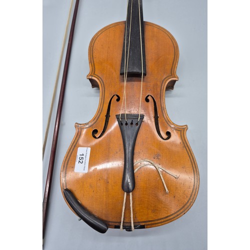 152 - Antique violin, bow and case. Label showing Manufactured in Berlin- Copy of Paulo Magini. Bow is nam... 