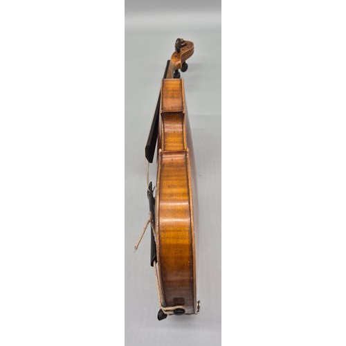 152 - Antique violin, bow and case. Label showing Manufactured in Berlin- Copy of Paulo Magini. Bow is nam... 