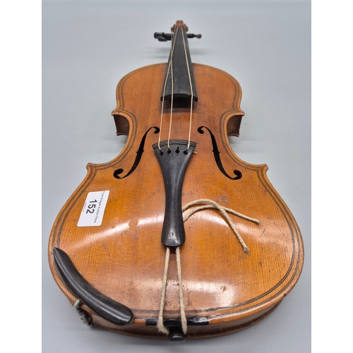 152 - Antique violin, bow and case. Label showing Manufactured in Berlin- Copy of Paulo Magini. Bow is nam... 