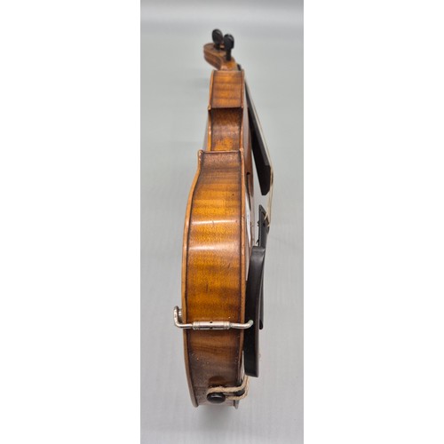 152 - Antique violin, bow and case. Label showing Manufactured in Berlin- Copy of Paulo Magini. Bow is nam... 