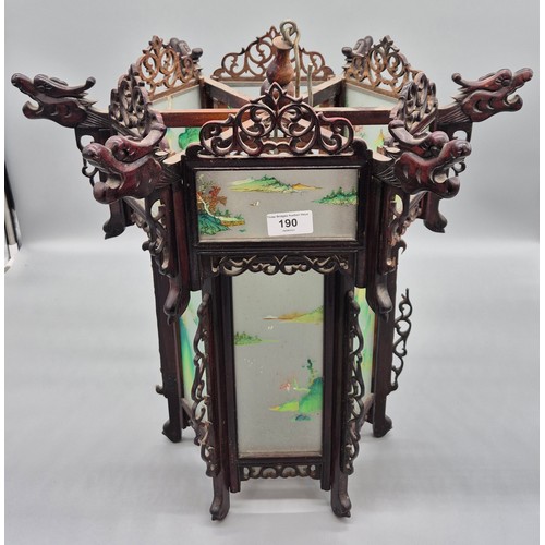 190 - Chinese lantern; rose wood, frosted glass with painted panels. [51cm high] [See images for condition... 