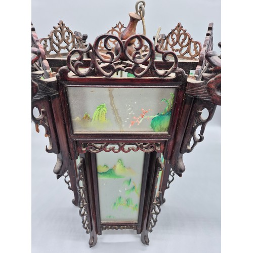 190 - Chinese lantern; rose wood, frosted glass with painted panels. [51cm high] [See images for condition... 