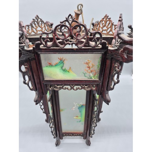 190 - Chinese lantern; rose wood, frosted glass with painted panels. [51cm high] [See images for condition... 