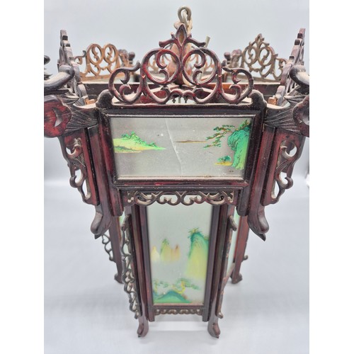 190 - Chinese lantern; rose wood, frosted glass with painted panels. [51cm high] [See images for condition... 