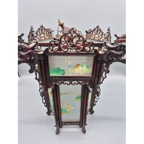 190 - Chinese lantern; rose wood, frosted glass with painted panels. [51cm high] [See images for condition... 