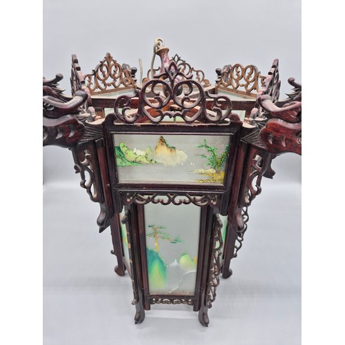 190 - Chinese lantern; rose wood, frosted glass with painted panels. [51cm high] [See images for condition... 