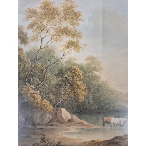 206 - Original watercolour depicting cows down by the loch. Fitted within a gilt and green frame. Unsigned... 