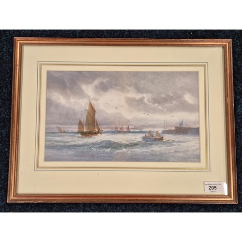 205 - Antique watercolour depicting stormy waters. Unsigned. Fitted within a gilt frame. [frame- 34.5x46.5... 