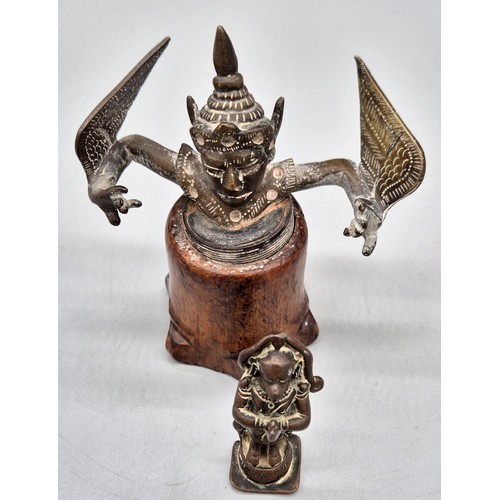 208 - Two antique Bronze Indian Deity Sculptures; Bronze Monkey god sculpture and winged armed figure on a... 